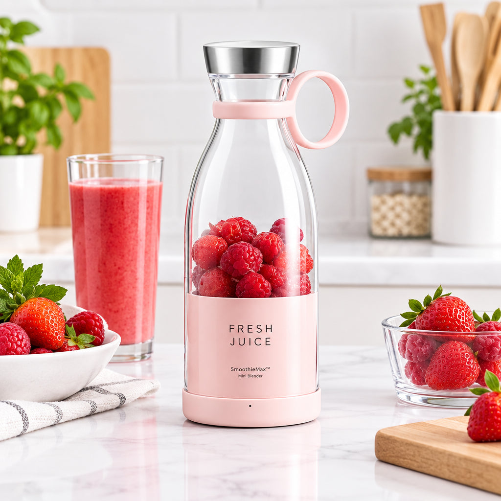 A pink and clear portable blender bottle filled with fresh raspberries sits on a white marble kitchen counter, with a glass of pink juice, strawberries, and bowls of fruit around it.